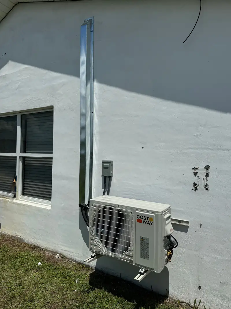 Heat pump outdoor unit mounted on a stucco wall