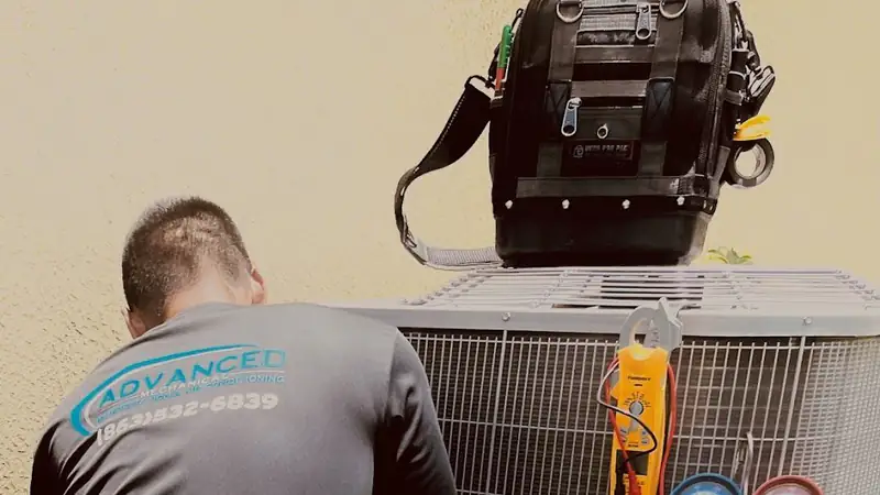 Advanced Mechanical technician checking an outdoor AC unit